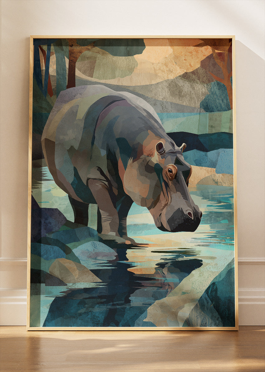 Hippo River Canvas Print & Poster – Modern Wildlife Landscape Wall Art