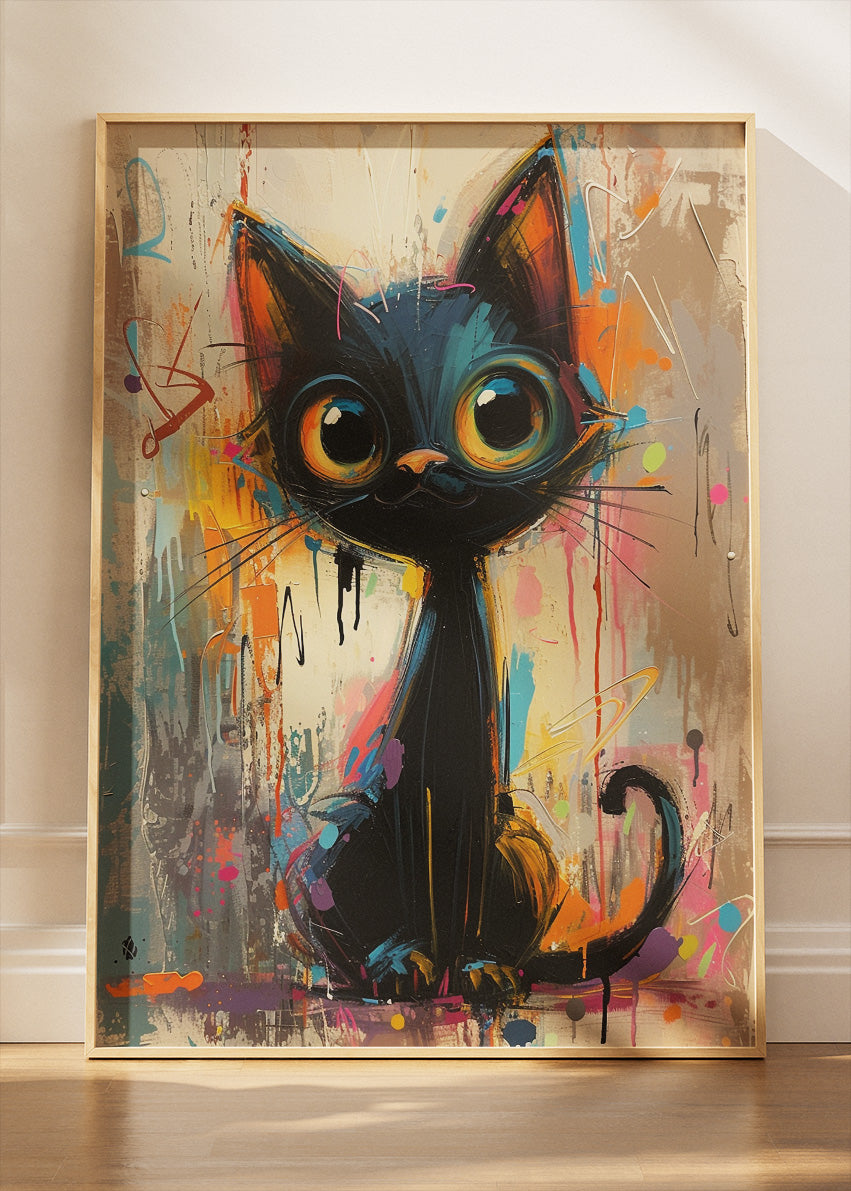 Cute Black Cat Canvas Print & Poster – Colorful Modern Animal Wall Art