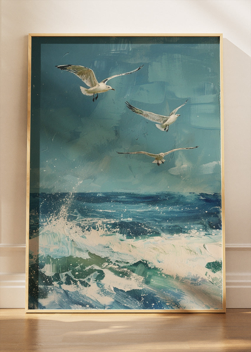 Seagulls Over Ocean Canvas Print & Poster – Coastal Sea Wall Art