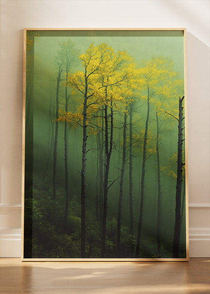 Misty Green Forest Wall Art – Moody Woodland Canvas Print & Yellow Tree Nature Poster for Living Room Decor UK