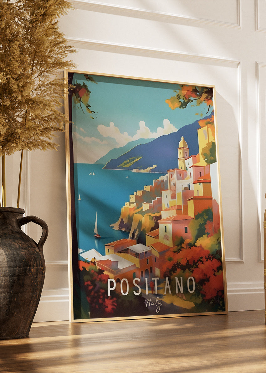 Positano Italy Coastline Poster & Canvas Print – Illustrated Amalfi Cliffside Art