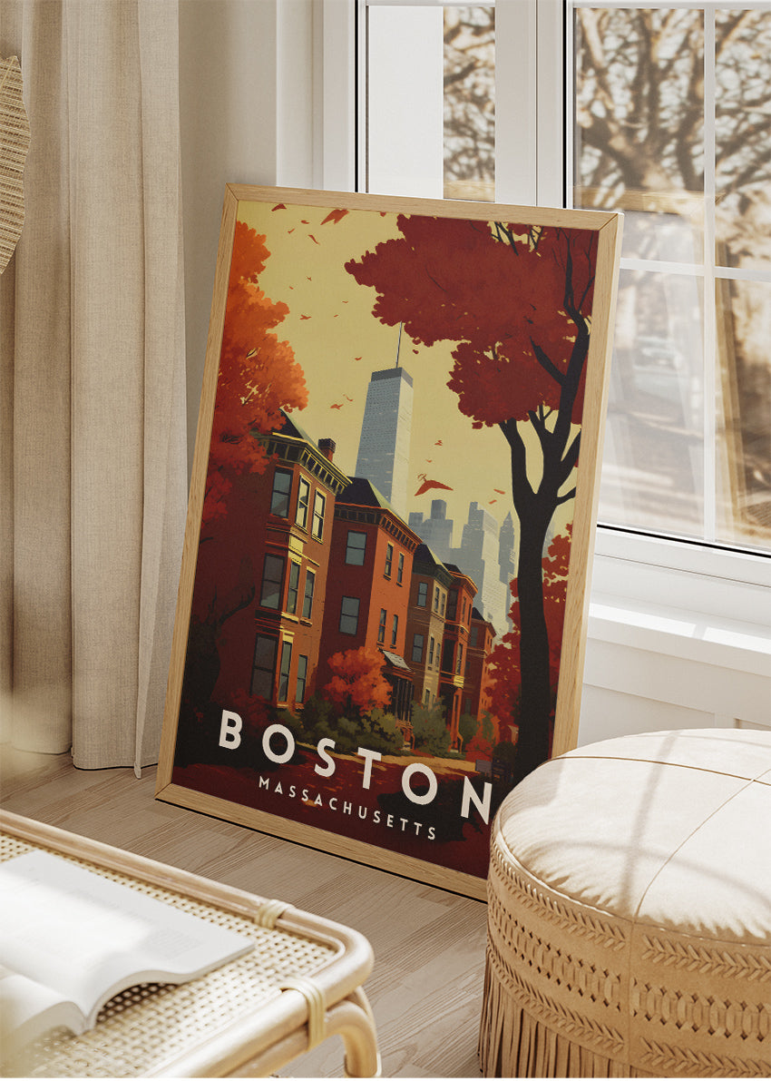 Boston Massachusetts Poster & Canvas Print – Autumn Red Cityscape Illustration