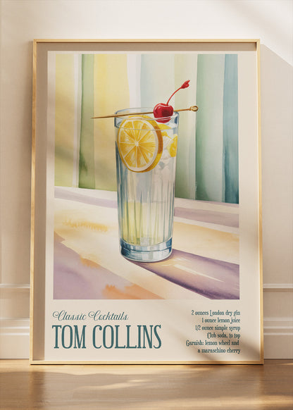 Tom Collins Classic Cocktail Poster & Canvas Print | Vintage Bar Wall Art