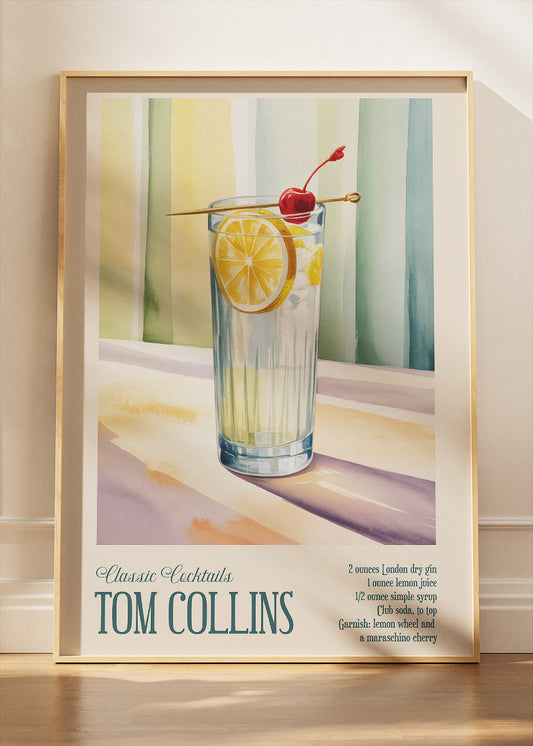 Tom Collins Classic Cocktail Poster & Canvas Print | Vintage Bar Wall Art