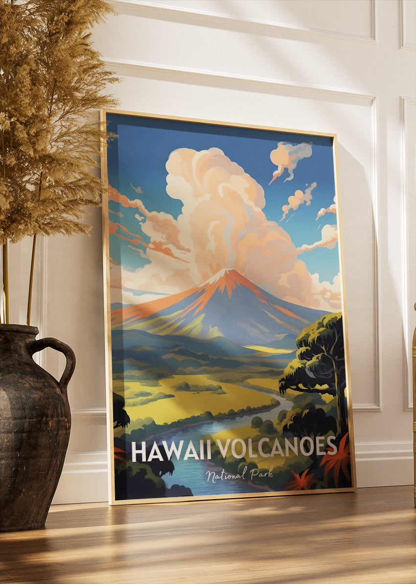 Hawaii Volcanoes National Park Poster & Canvas Print – Illustrated Volcano Landscape Art