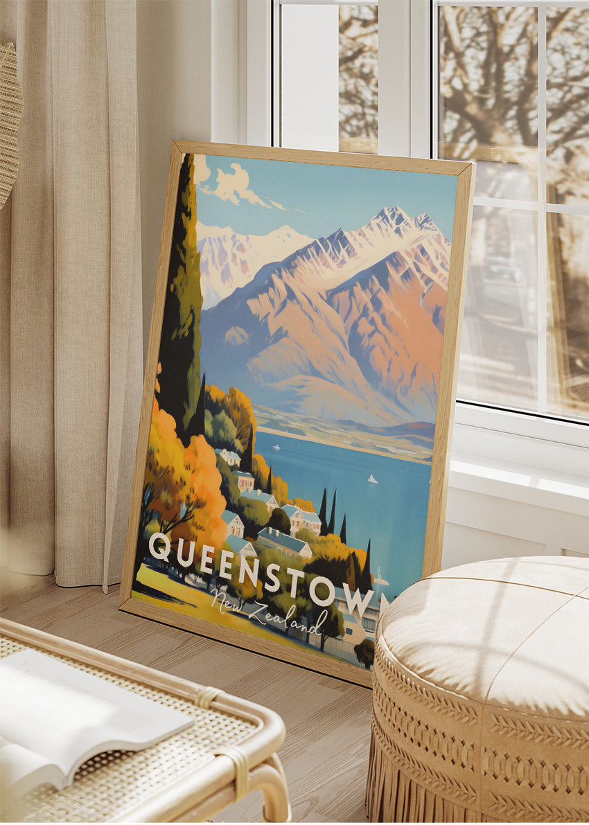 Queenstown New Zealand Poster & Canvas Print – Illustrated Alpine Lake Landscape Art