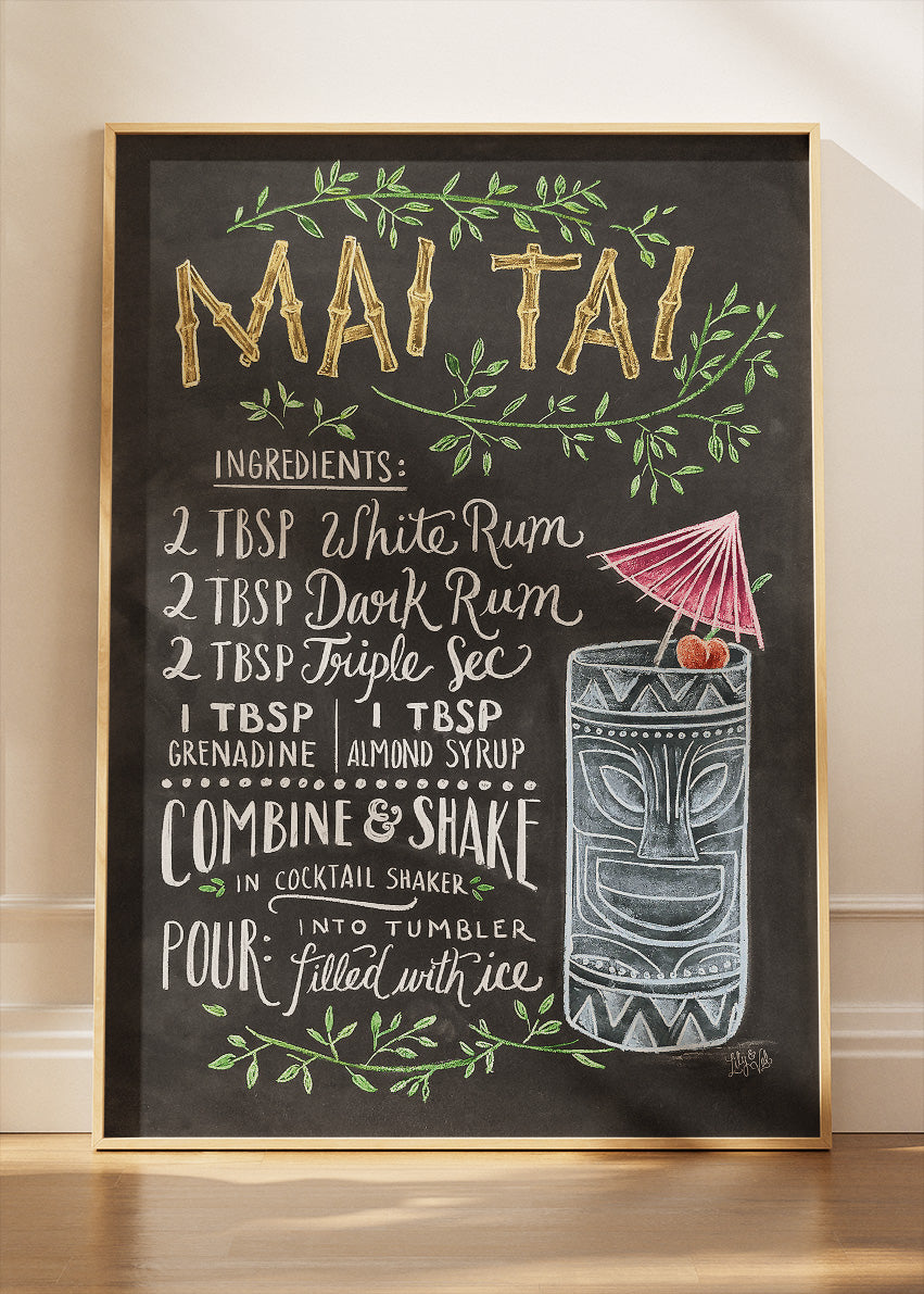 Mai Tai Chalkboard Cocktail Recipe Poster & Canvas Print | Vintage Bar Wall Art