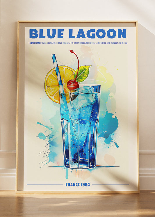 Blue Lagoon Cocktail Poster & Canvas Print | Vintage Watercolor Bar Wall Art