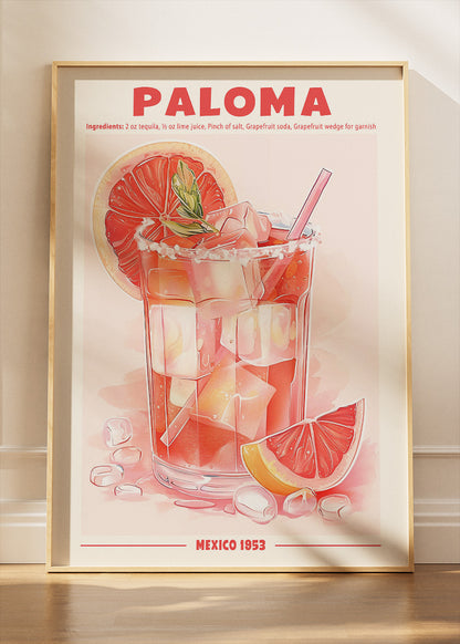 Paloma Cocktail Poster & Canvas Print | Minimal Grapefruit Tequila Wall Art