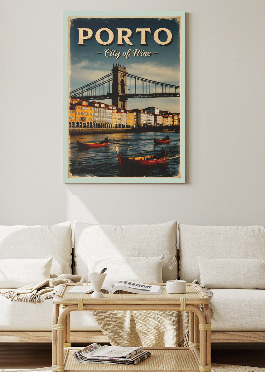 Porto City of Wine Poster & Canvas Print – Vintage Illustrated Portugal Travel Art