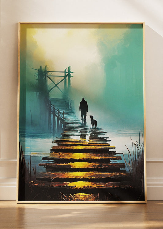 Misty Wooden Pier at Sunrise with Man and Dog – Atmospheric Landscape Wall Art Poster & Canvas – AI PRINT LAB