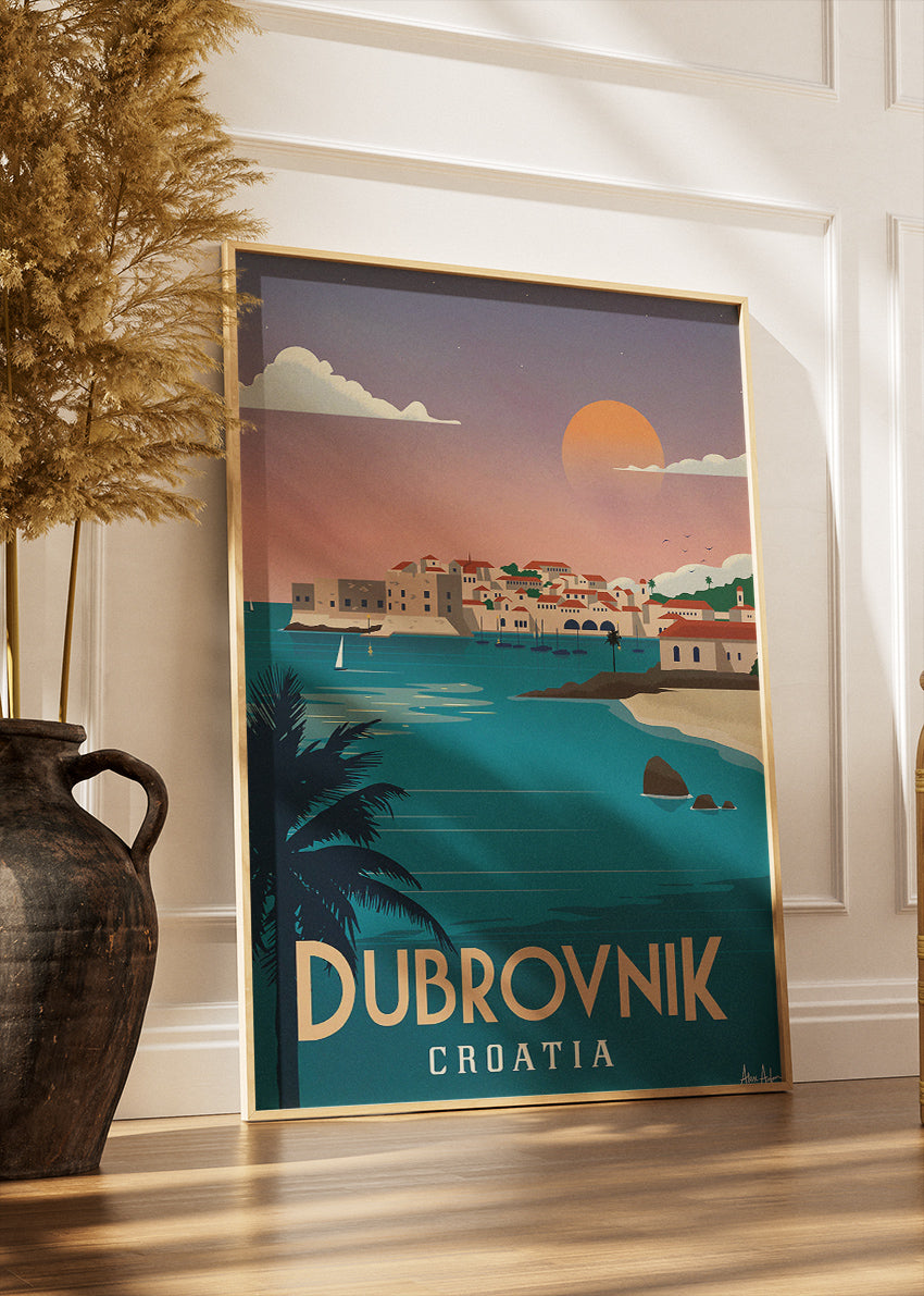 Dubrovnik Croatia Travel Poster & Canvas Print – Sunset Coastal Illustration Wall Art