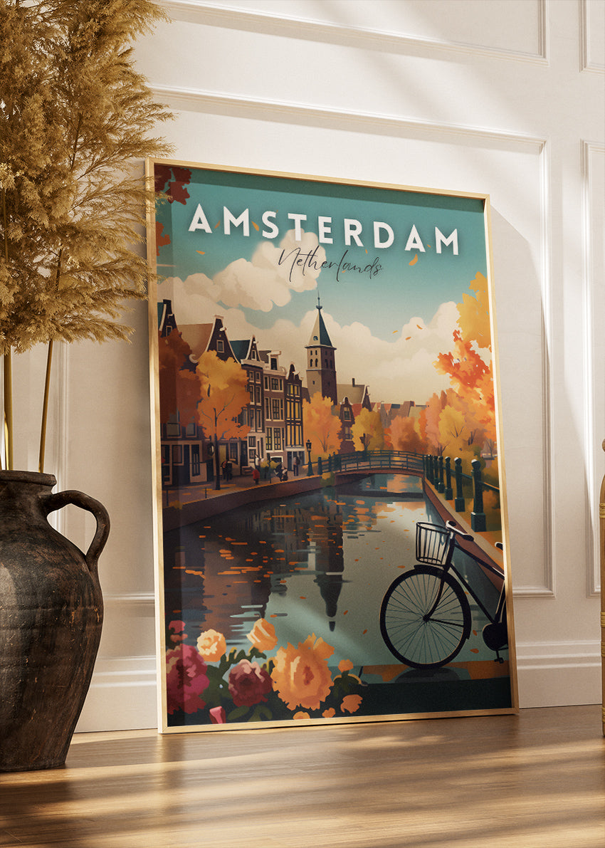 Amsterdam Canal Bridge Poster & Canvas Print – Autumn Flowers Holland Art