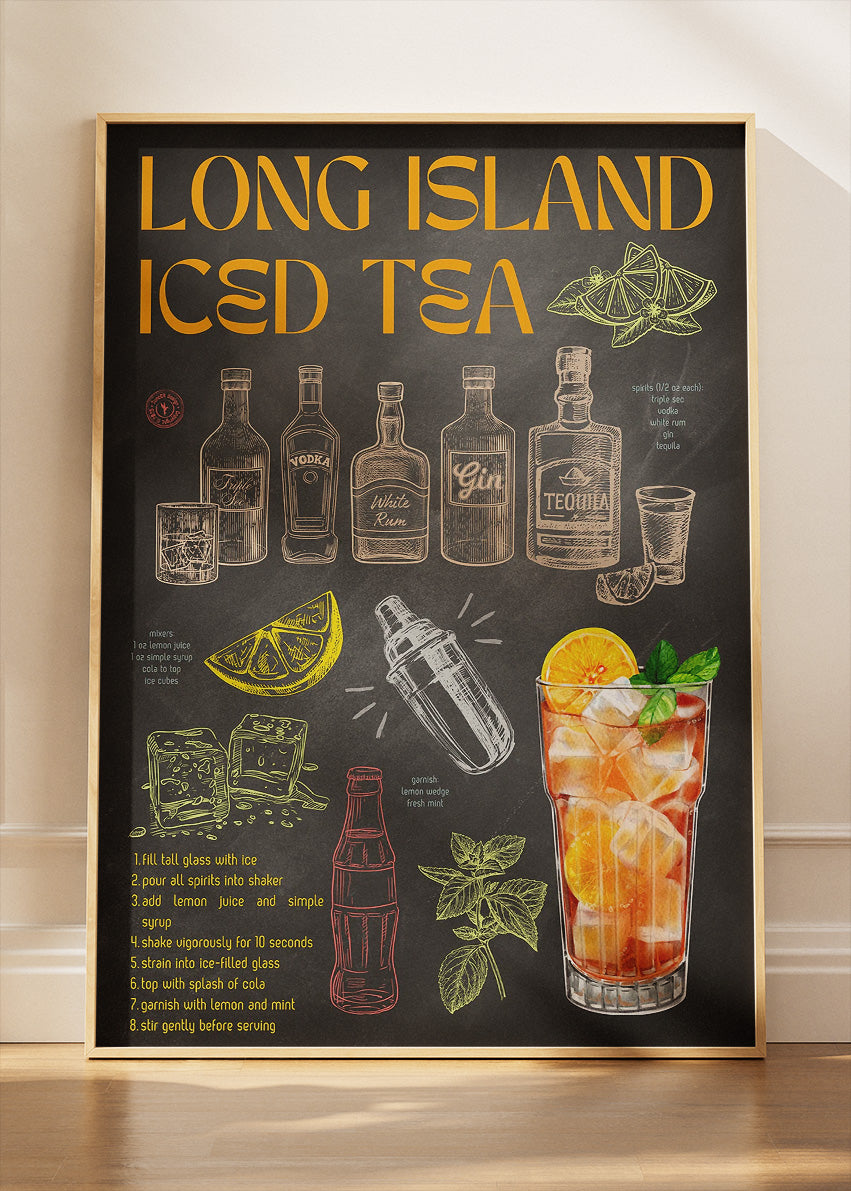 Long Island Iced Tea Vintage Cocktail Poster & Canvas Print | Bar Recipe Wall Art