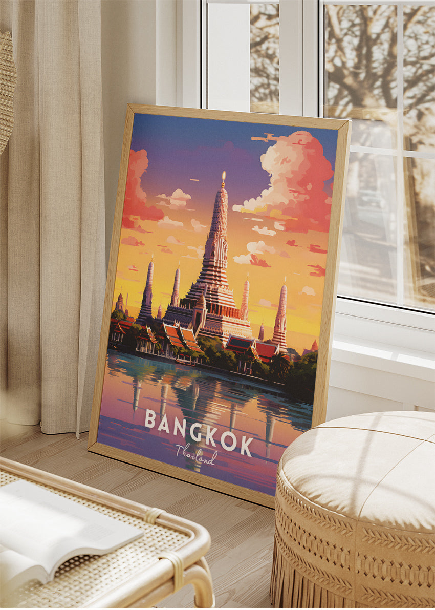 Bangkok Thailand Poster & Canvas Print – Vintage Wat Arun Sunset Travel Art