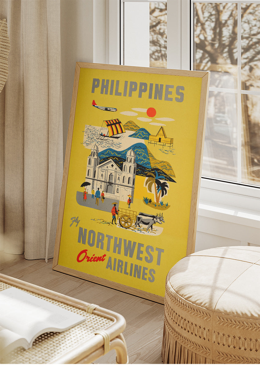 Philippines Vintage Travel Poster & Canvas Print – Northwest Orient Airlines Retro Illustration – Mid-Century Art