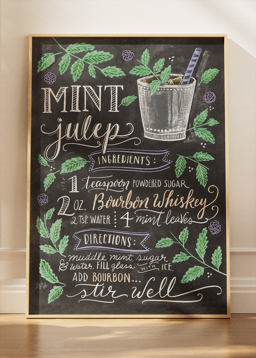 Mint Julep Chalkboard Cocktail Recipe Poster & Canvas Print | Vintage Bar Wall Art