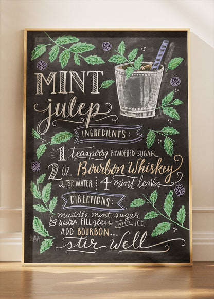 Mint Julep Chalkboard Cocktail Recipe Poster & Canvas Print | Vintage Bar Wall Art