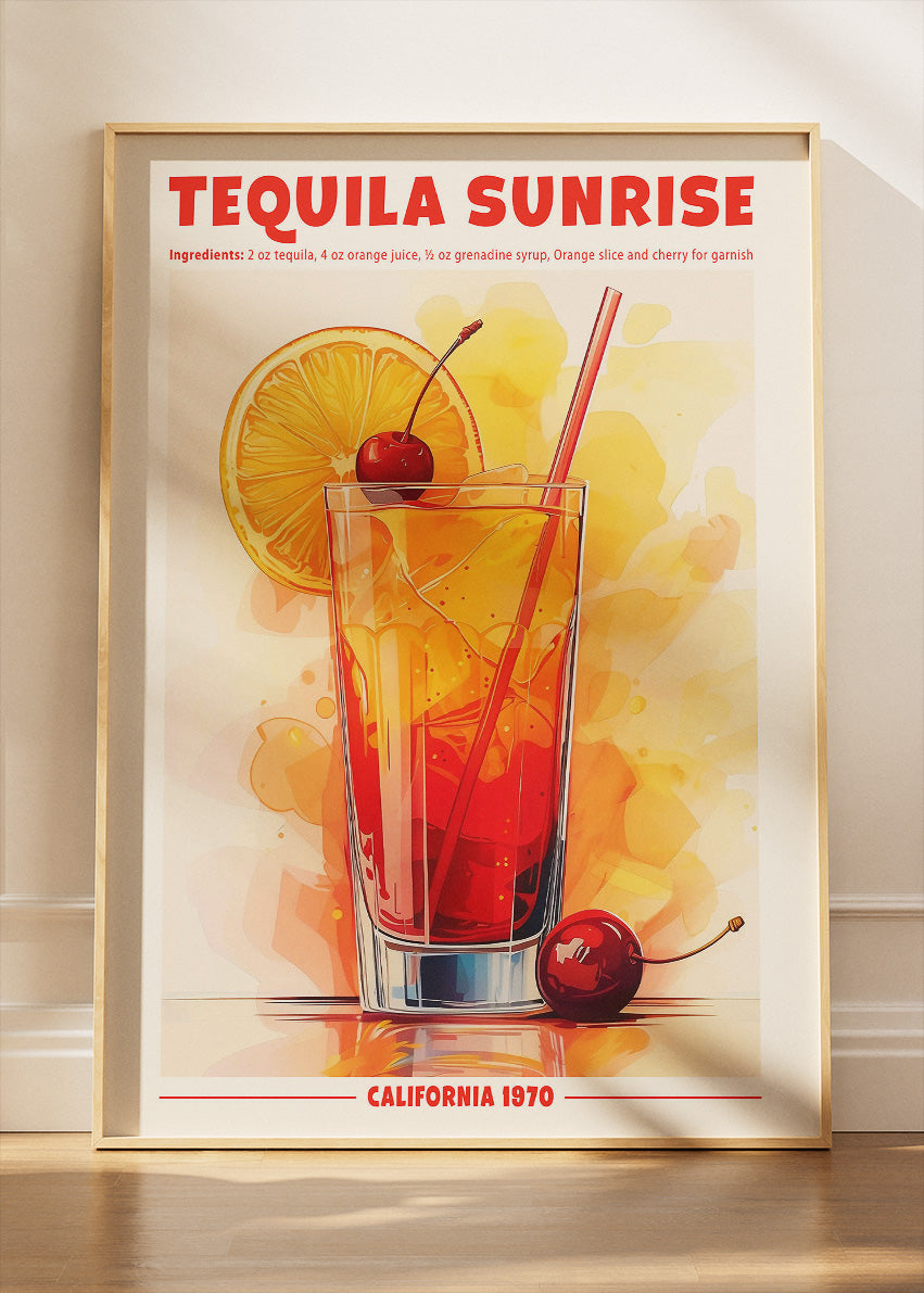 Tequila Sunrise Vintage Cocktail Poster & Canvas Print | Retro Bar Wall Art