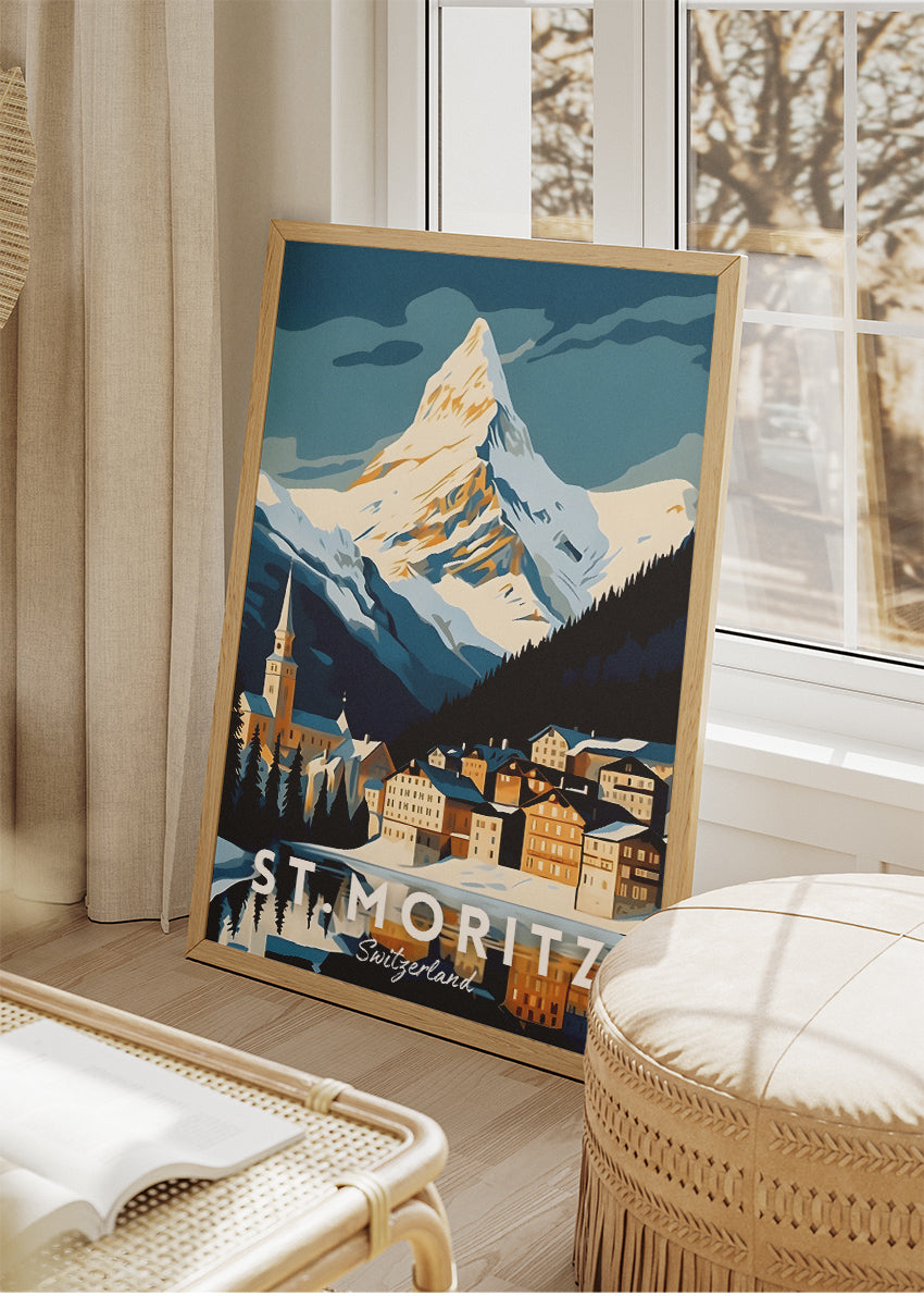 St. Moritz Switzerland Poster & Canvas Print – Illustrated Alpine Mountain Travel Art