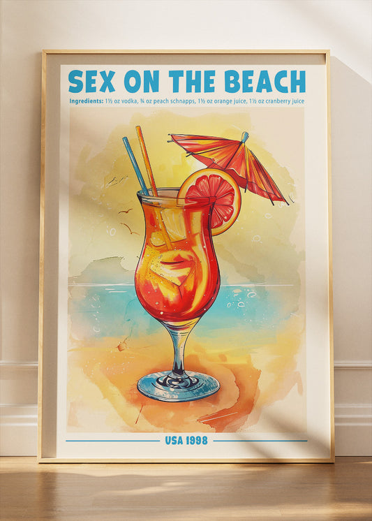 Sex on the Beach Vintage Cocktail Poster & Canvas Print | Summer Bar Wall Art