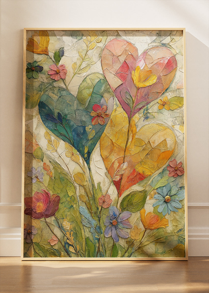 Floral Heart Wall Art – Colourful Botanical Love Canvas Print & Romantic Nature Statement Poster for Living Room Decor UK