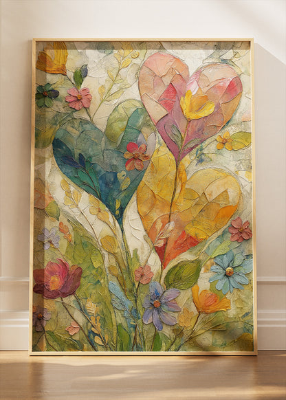 Floral Heart Wall Art – Colourful Botanical Love Canvas Print & Romantic Nature Statement Poster for Living Room Decor UK