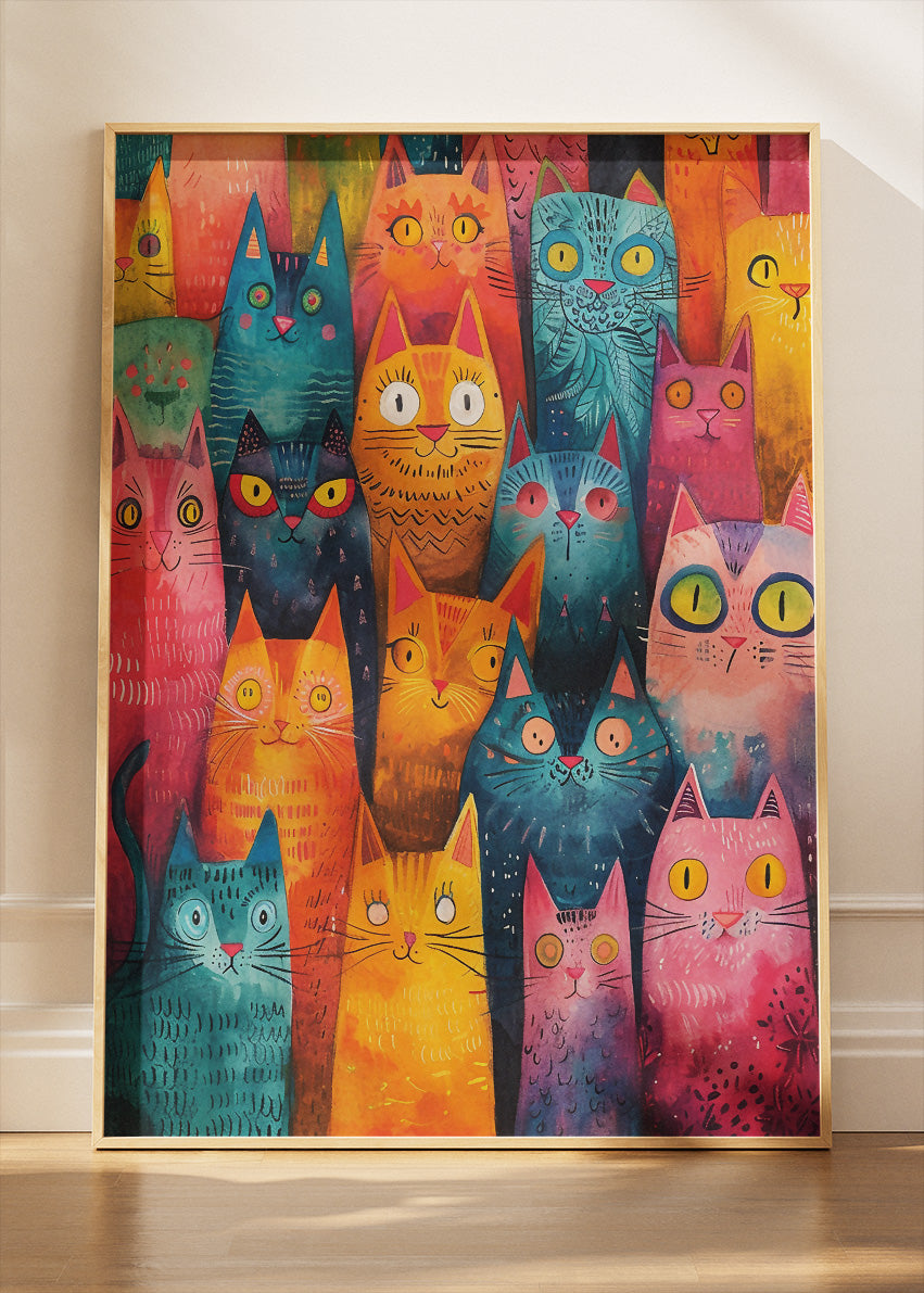 Colourful Cat Crowd Canvas Print & Poster – Playful Cat Wall Art