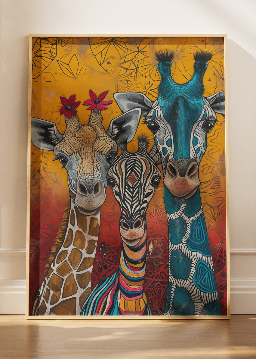 Giraffe & Zebra Trio Canvas Print & Poster – Colourful Safari Wall Art