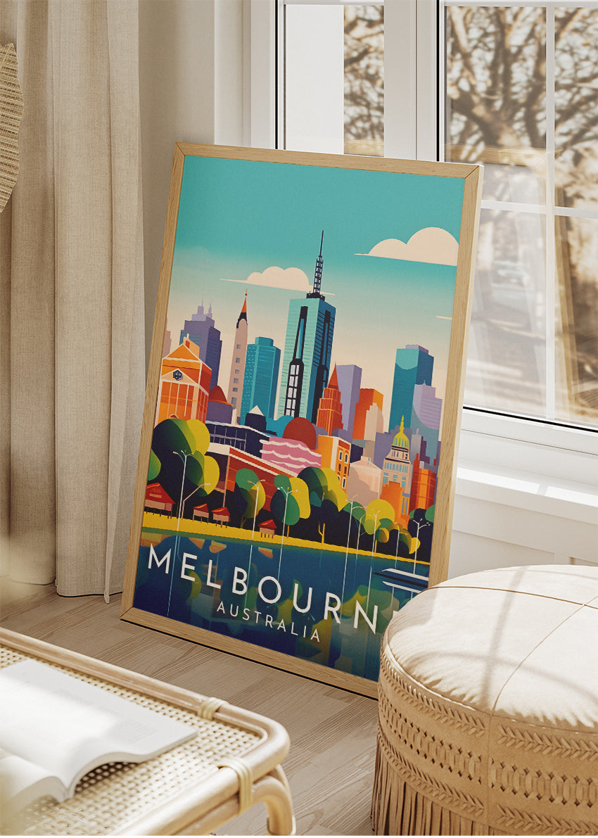 Melbourne Australia Travel Poster & Canvas Wall Art – Modern City Skyline Print