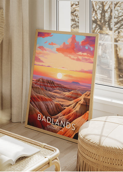 Badlands National Park Poster & Canvas Print – Sunset Desert Landscape Illustration Wall Art
