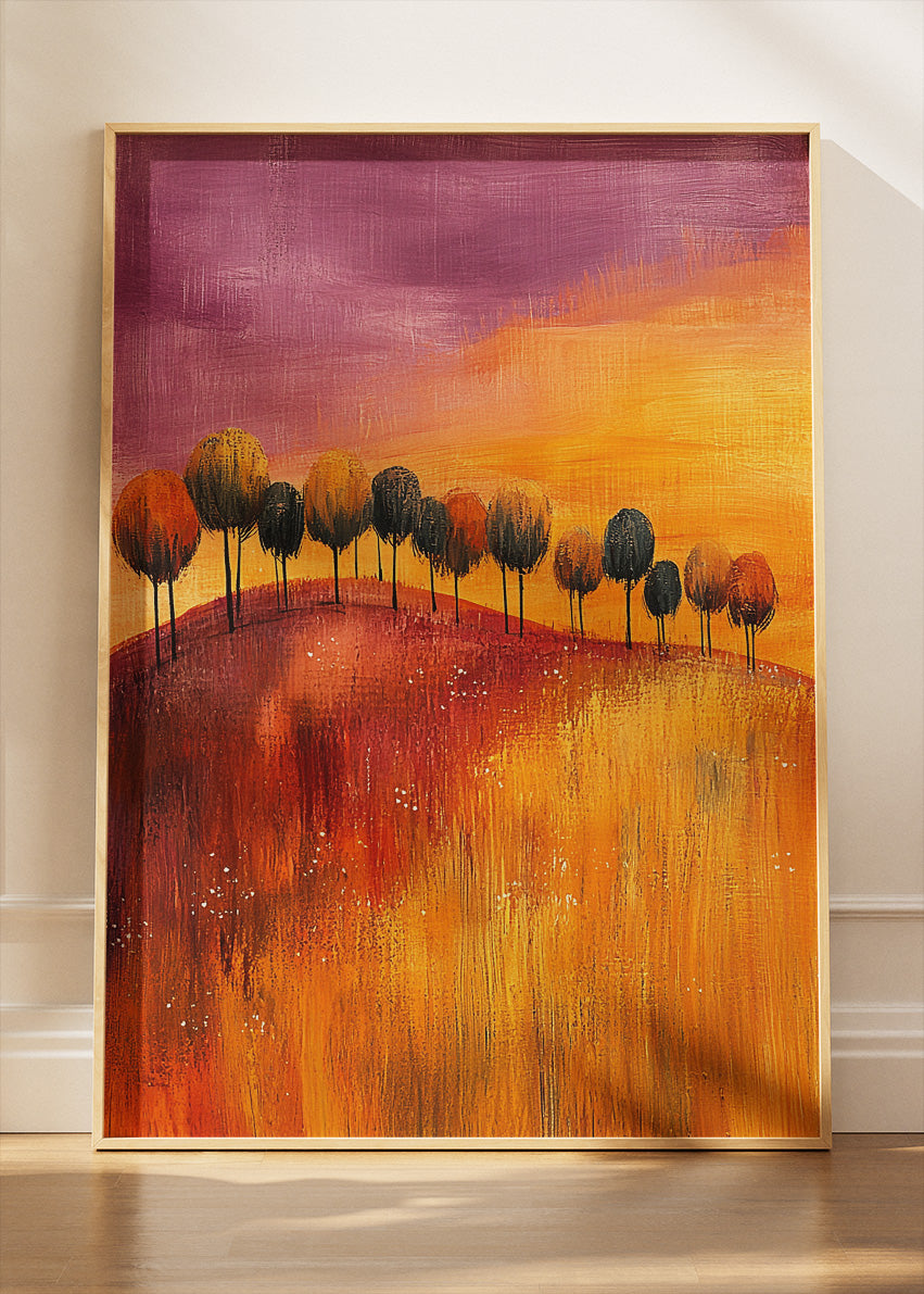 Abstract Sunset Hills Wall Art – Warm Orange Landscape Canvas Print & Modern Minimal Tree Poster for Living Room Decor UK