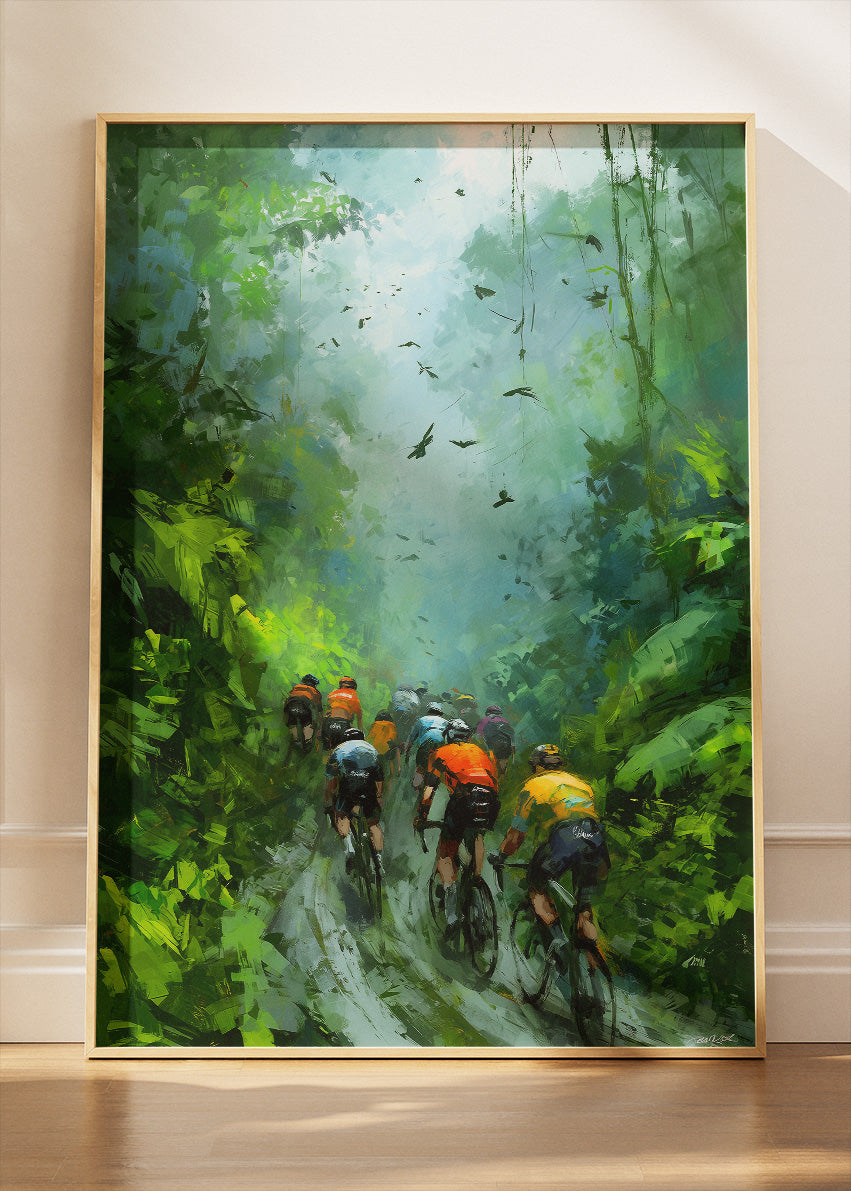 Emerald Canopy Peloton Cycling Art Print & Canvas – Deep Jungle Road Cycling Wall Art