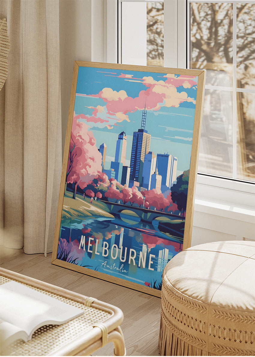 Melbourne Australia Travel Poster & Canvas Wall Art – Pink Blossoms City Skyline Print