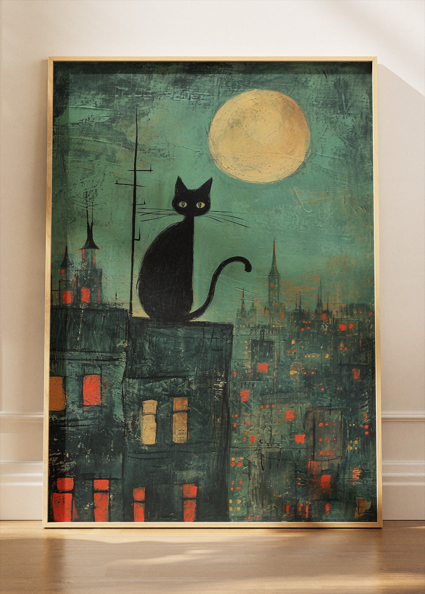 Black Cat Moonlight City Canvas Print & Poster – Night Skyline Wall Art