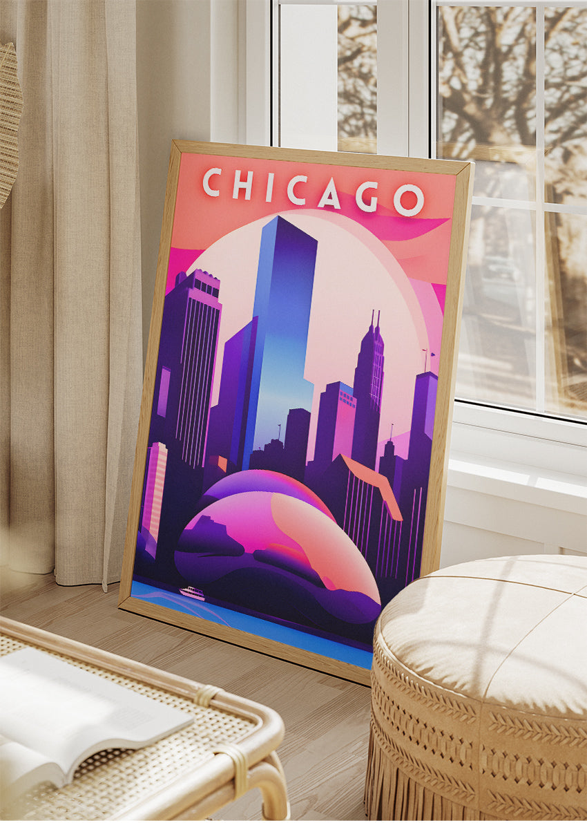 Chicago Illinois Poster & Canvas Print – Neon Skyline Futuristic Illustration