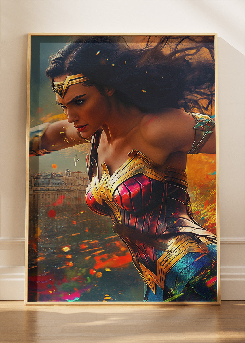 Wonder Woman – Cinematic Action Portrait Canvas & Poster Print – AI PRINT LAB