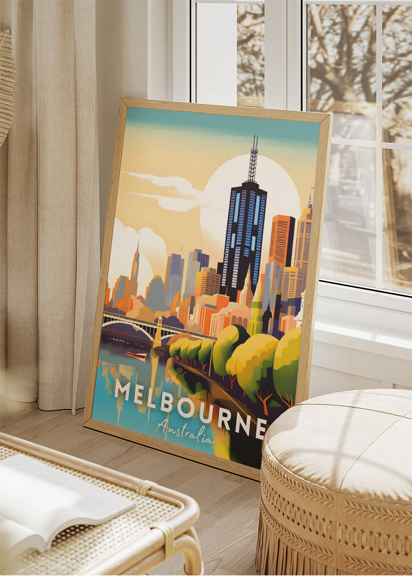 Melbourne Australia Travel Poster & Canvas Wall Art – Sunset City Skyline Print