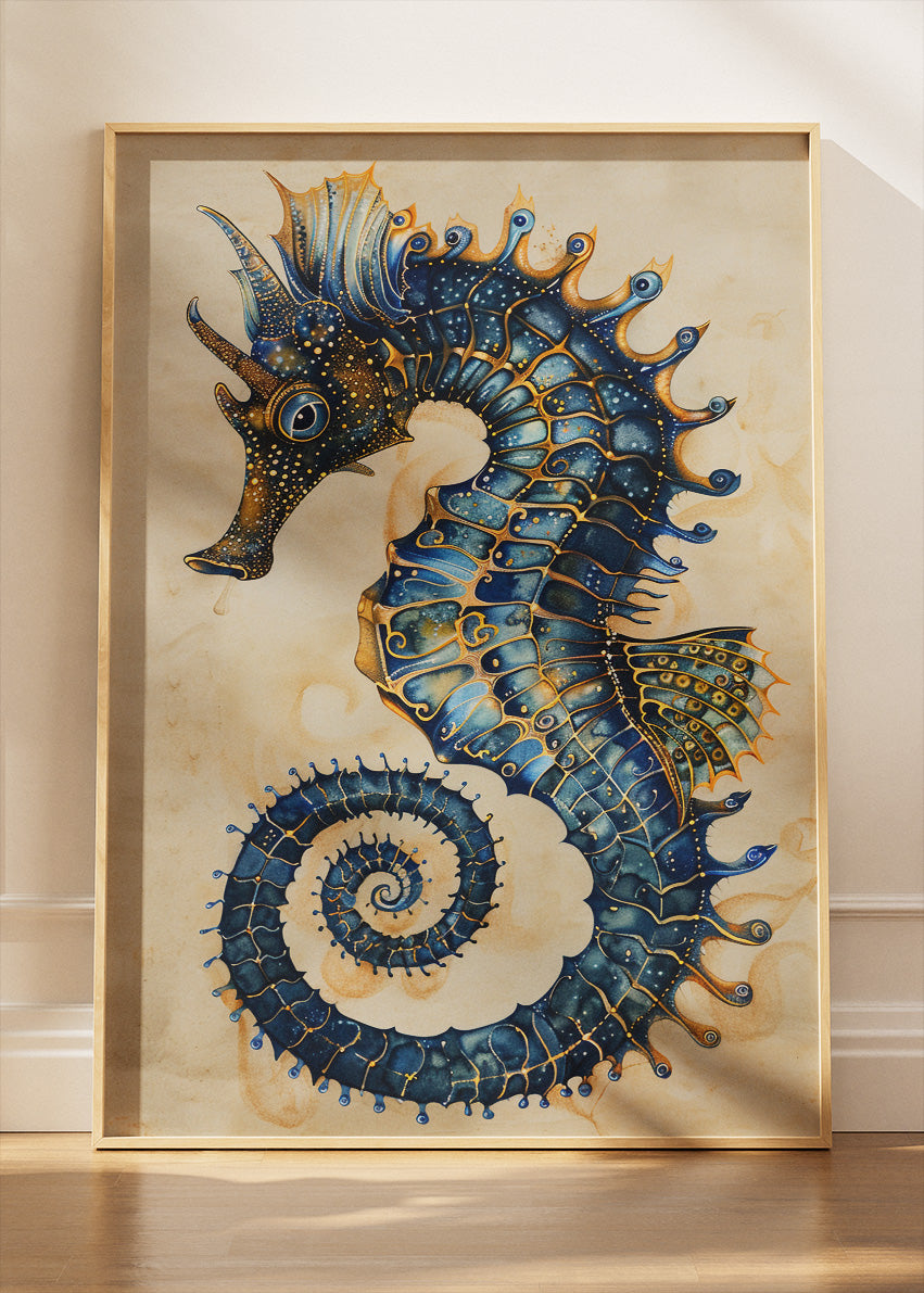 Golden Blue Seahorse Canvas Print & Poster – Elegant Ocean Animal Wall Art
