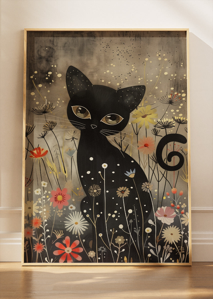 Mystical Black Cat in Wildflowers Canvas Print & Poster – Enchanted Animal Wall Art