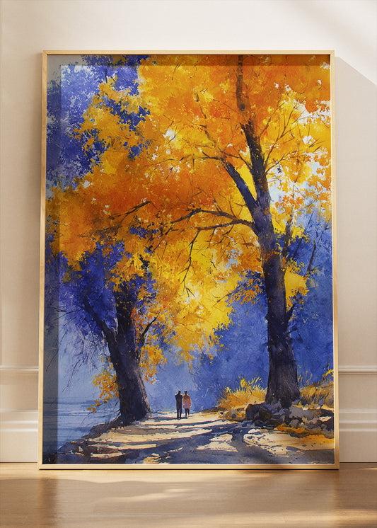 Autumn Tree Path Wall Art – Golden Fall Landscape Canvas Print & Romantic Nature Poster for Living Room Decor UK