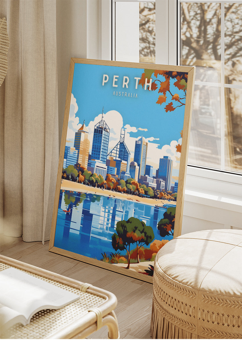 Perth Australia Travel Poster & Canvas Wall Art – Modern Skyline Illustration Print