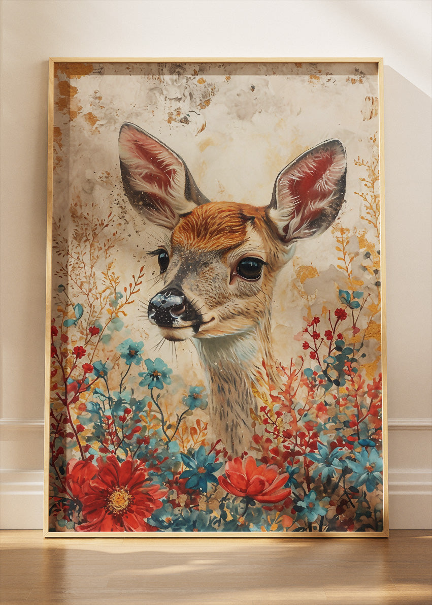 Floral Baby Deer Canvas Print & Poster – Gentle Wildlife Wall Art