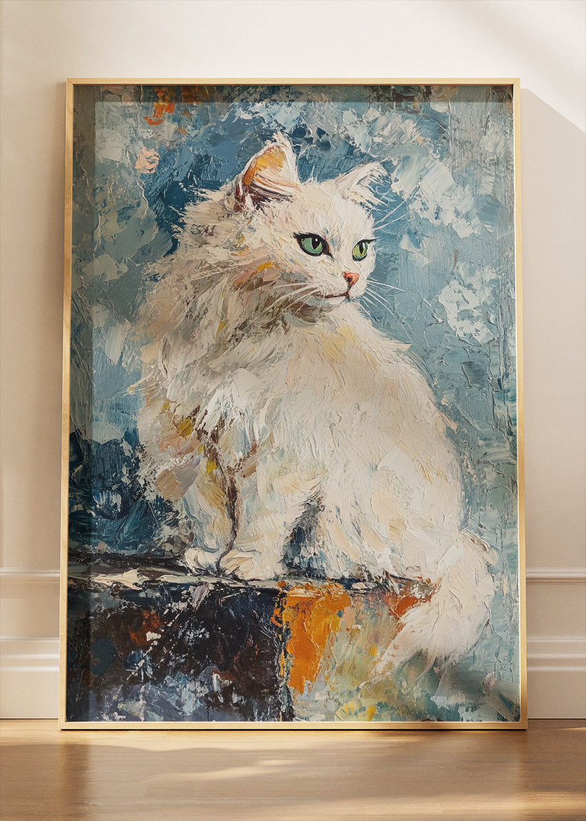 Elegant White Cat Poster & Canvas Print – Textured Oil Painting Art