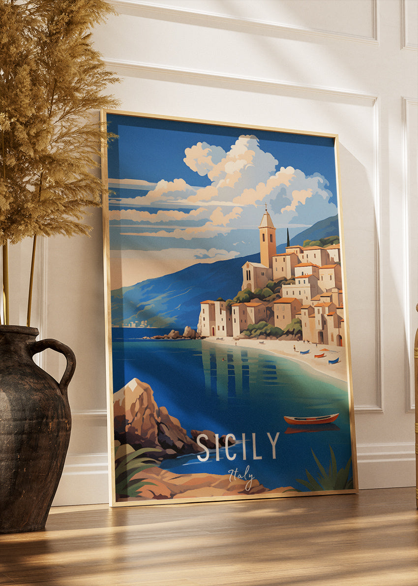 Sicily Italy Poster & Canvas Print – Illustrated Coastal Village Art