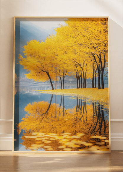 Golden Autumn Lake Wall Art – Yellow Tree Reflection Canvas Print & Serene Nature Landscape Poster UK
