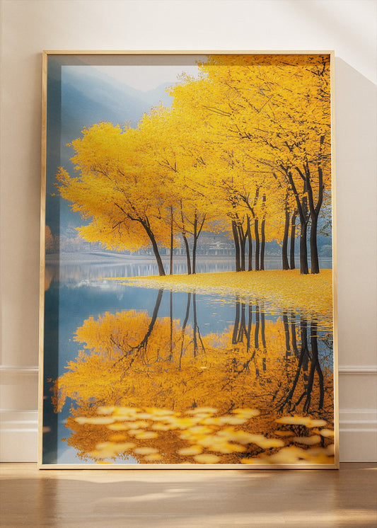 Golden Autumn Lake Wall Art – Yellow Tree Reflection Canvas Print & Serene Nature Landscape Poster UK