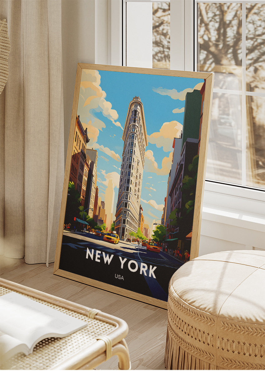 New York USA Poster & Canvas Print – Flatiron Building Cityscape Illustration