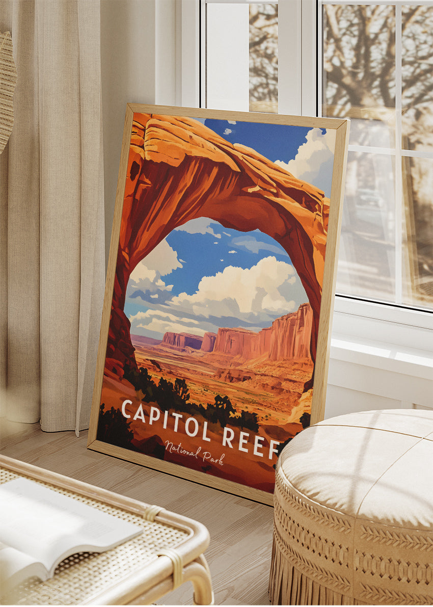 Capitol Reef National Park Poster & Canvas Print – Red Rock Arch Desert Landscape Illustration Wall Art