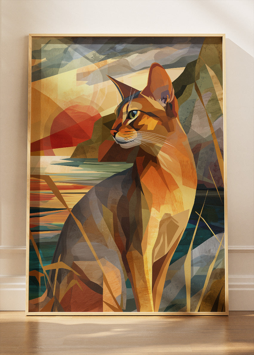 Geometric Sunset Cat Poster & Canvas Print – Modern Abstract Animal Art